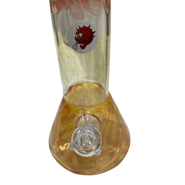 glass bong with a red and orange design and a small, round base and long, curved neck. It has a clear bowl with a small, red and orange design on it and is marketed as a smoking device.