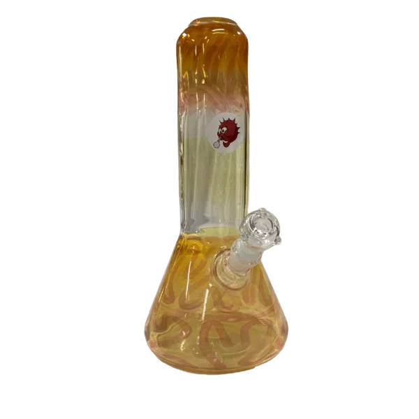 A sleek, modern glass bong with a yellow and orange swirl design, small round base, long curved neck, and small circular mouthpiece.