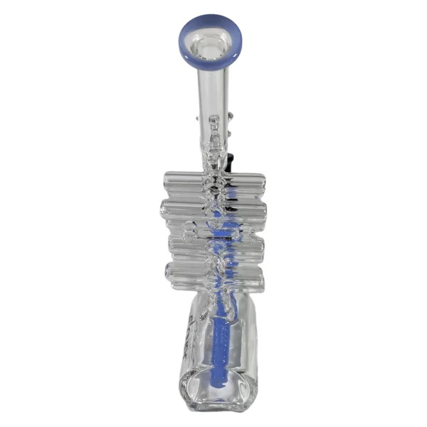 Clear glass bong with blue handle and small/large bowls connected by a clear tube. Base has a small smoke outlet.