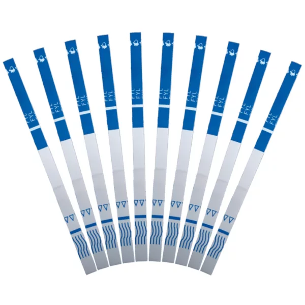 Fentanyl Strip - Test Kit Plus features six blue and white plastic sticks arranged in a row with a white stripe down the middle. The sticks are symmetrical and well-lit.