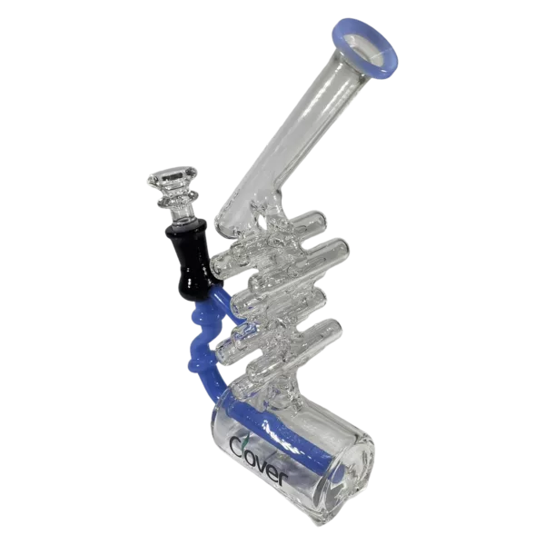 Clear glass bong with blue rubber hose and small bowl. Curved shape and sitting on white background.