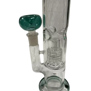 clear, blue glass bong with a small and large bowl, connected by a blue tube. It has a small, round base and sits on a green surface.