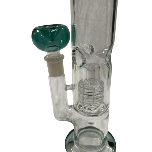 clear, blue glass bong with a small and large bowl, connected by a blue tube. It has a small, round base and sits on a green surface.