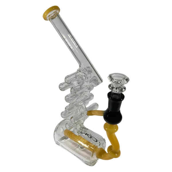 Glass pipe with yellow stem and periscope bowl. Curved stem has knob and clear glass tube with silver ring. Small clear glass stem with notch for easy gripping.