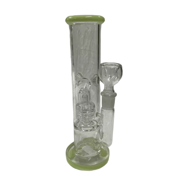 clear glass bong with white and green accents, a small mouthpiece, and a handle. It's in good condition and has no visible flaws.