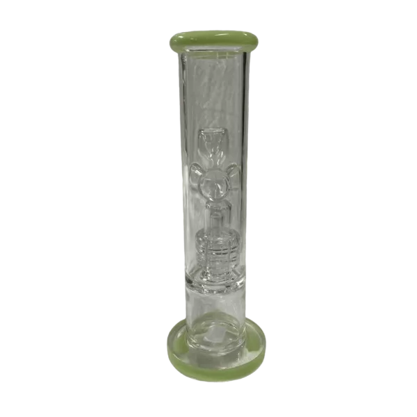 clear, cylindrical glass tube with a green band around the base, designed for smoking.