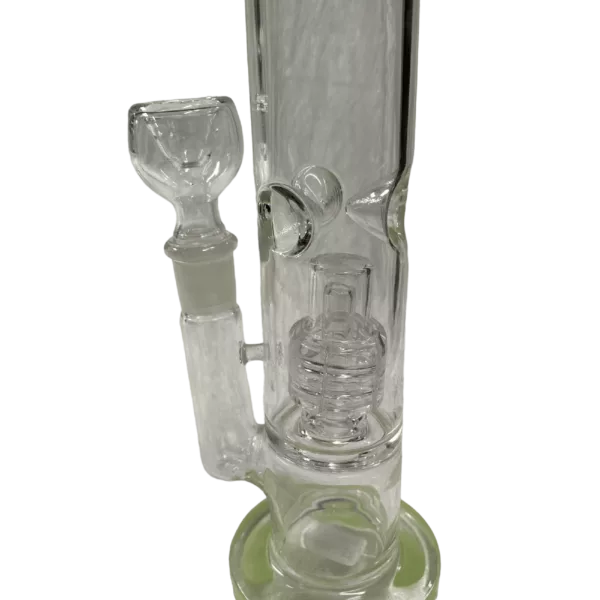 minimalist and modern glass bong with a clear glass stem and white base, featuring a small knob and hole for smoke to exit. It has a smooth surface and clean lines.