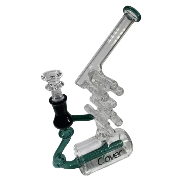 Glass bong with clear stem and green/black handle. Small, round base and large, curved bowl with clear percolator. Well-connected and visually appealing. Suitable for smoking enthusiasts.