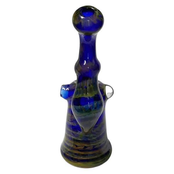 Colorful glass pipe with abstract Star Wars-inspired design, featuring blue, green, and gold hues.