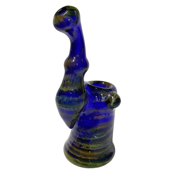 glass bird-shaped piece with a blue, iridescent body and yellow eyes on a blue metal stand. It has intricate patterns of swirls and spirals in different shades of blue, green, and yellow.