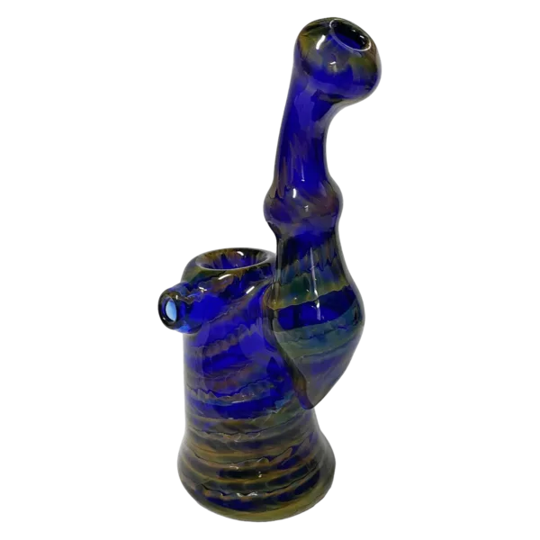 A large glass pipe with a long, curved neck and round base featuring a swirling, blue and yellow pattern and two small holes for taking hits, with a small bubbler on top.