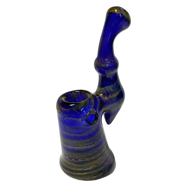 A blue glass seashell-shaped smoking pipe with a metal handle and spiral glass pieces. The smaller opening has a smaller hole and smoke is visible inside.