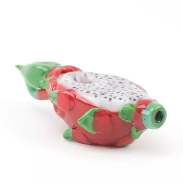 Dragon Fruit Dry Pipe with red and green marbled design, featuring a small crack on the side. Made by Empire Glass.