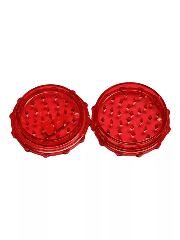 Medium Acrylic Grinder-(GRI-AC3) features two red plastic cups with handles and a clear plastic base for grinding herbs.