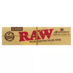 A brown paper wrapper with RAW in white letters on the front, appears to be in good condition and is likely used to package Classic Masterpiece Kingsize cigarettes.