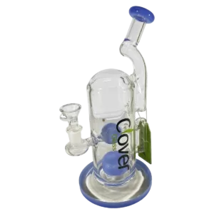 Stylish 10cm clear glass water pipe with blue stem and small mouthpiece. Comes with 15cm stand with ring top. Base has small circle of light.
