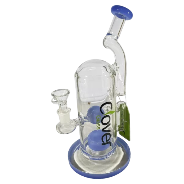 Stylish 10cm clear glass water pipe with blue stem and small mouthpiece. Comes with 15cm stand with ring top. Base has small circle of light.