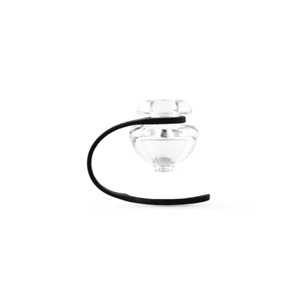 Clear glass vase with black rubber handle. Round base and narrow neck make for a sleek and modern design.