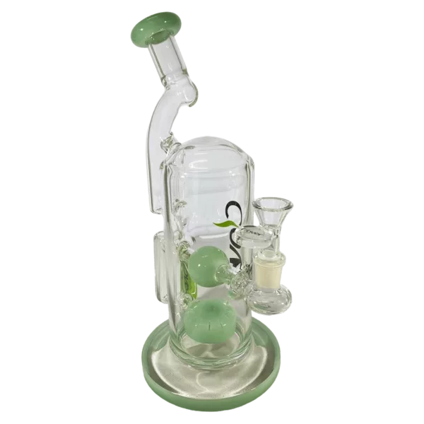 Translucent glass bong with small water pipe attachment and dome bowl. Clear base and stem with green accent.