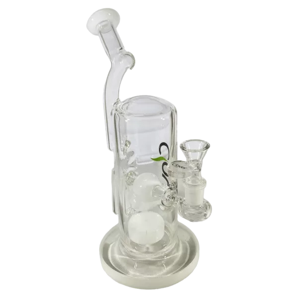 Clear glass water pipe with small base and long stem, featuring a small hole at the top and larger hole at the bottom.