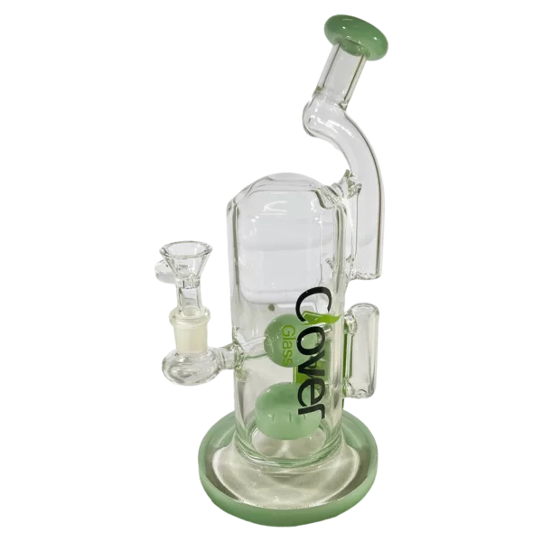 A clear glass water pipe with a small dome and stem for vaping wax or other substances.