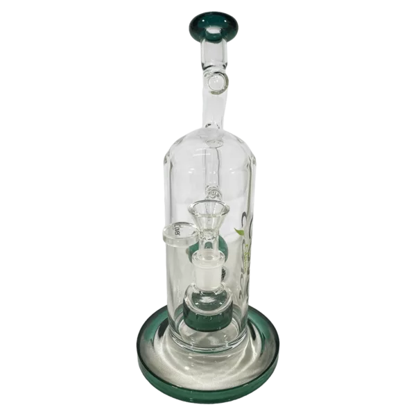 Clear glass water pipe with small white base and green dot. Stem has white base with dot and is attached to body. Available at smoking company website.