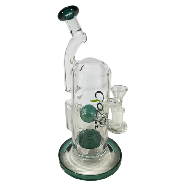 CRAZY CRAZY WATER PIPE glass bong with blue/green tinted base and clear stem, no bowl included.