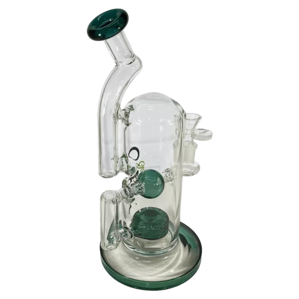 Sleek and modern glass bong with green stem and two bowls. Perfect for smoking enthusiasts.