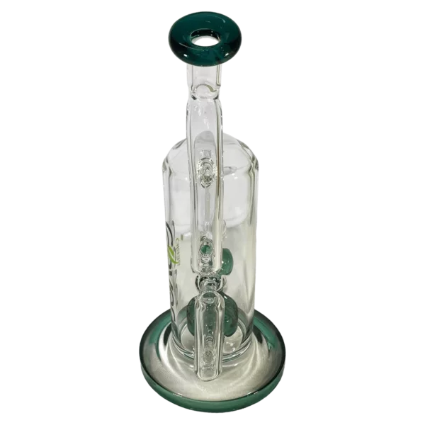 Hand-made green handled clear glass water pipe with large dome and small circular hole in top, sitting on black base.