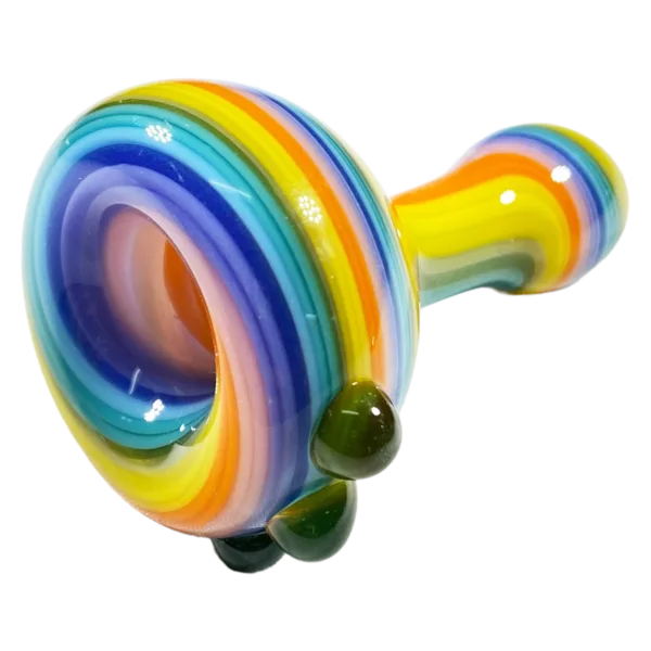Whimsical spiral glass pipe with bright rainbow colors and a small green drop of liquid at the end. Perfect for any smoke enthusiast. #smoking #glasspipe #rainbowcolors