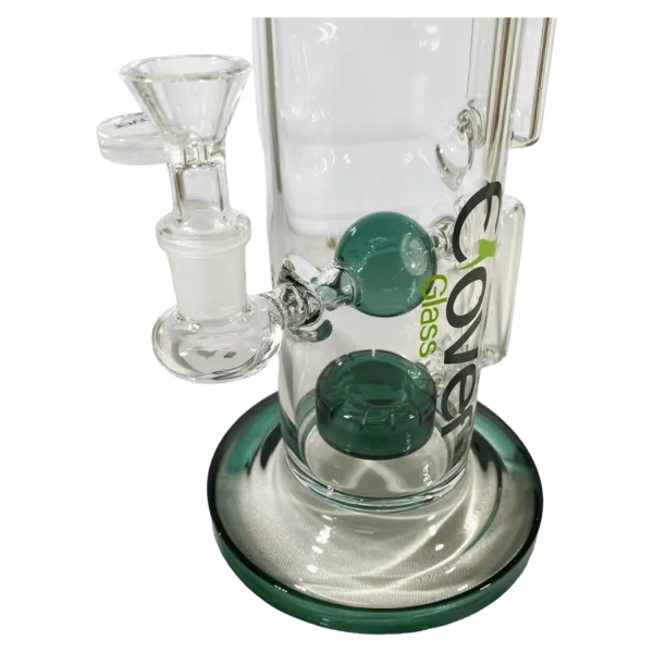 Little Dome Water Pipe - Clear base, blue globe on top, long thin stem with small ring. Upright stand with green button to turn water on/off.