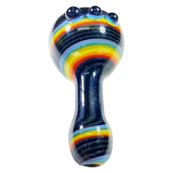 Vibrant, colorful glass pipe with zigzag rainbow design on small tube-shaped pipe. Bright and eye-catching, made of smooth glass.