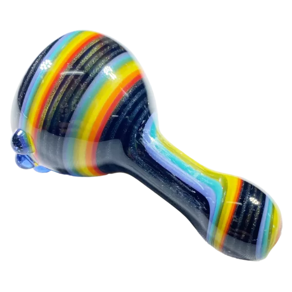 Colorful glass pipe with long, curved shape and small round base, featuring bright stripes of blue, green, yellow, and orange. Smooth and glossy surface.