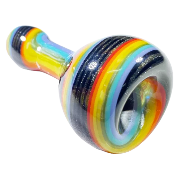 Handcrafted glass pipe with rainbow design on clear glass. Swirling pattern of red, orange, yellow, green, blue, indigo, violet, and pink. White background.