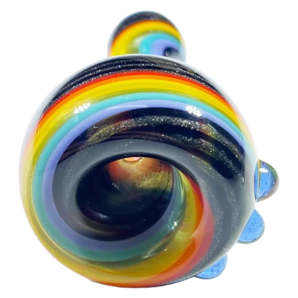 Small, round glass object with a rainbow-colored swirl design. Perfect for those looking for a unique and colorful smoking experience.