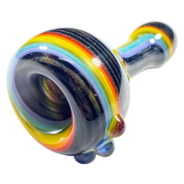 Rainbow glass pipe with small bowl and stem, featuring a clear glass body and a gradient design of different colors.