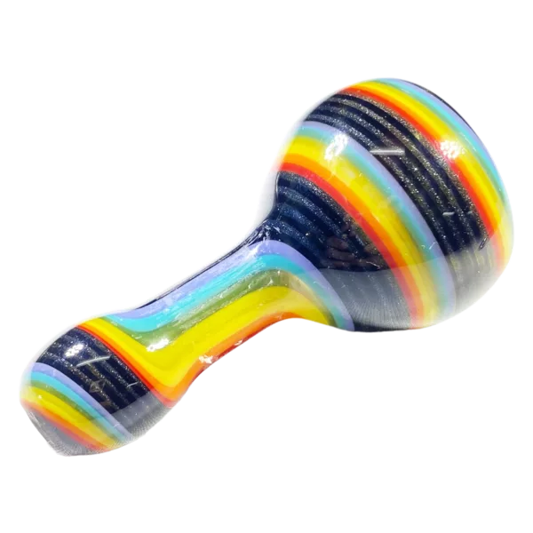 Colorful, striped glass pipe with long, curved shape and smooth, glossy surface. Bright, vibrant colors down the length of the pipe. Well-lit image with colors standing out against a dark background.