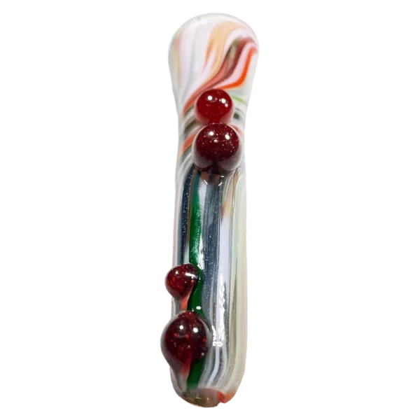 Elegant and modern glass chillum with a colorful swirl design. Small bowl and stem made of glass and metal, respectively. Perfect for a relaxing smoke session.