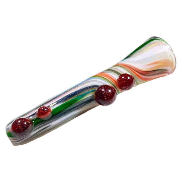 Colorful glass chillum with swirling pattern and small hole.