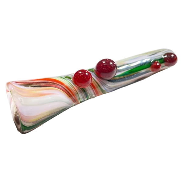 Chillums in pastel colors (red, green, white) with a swirl pattern and small red bead on end. Made by Jem Glass.