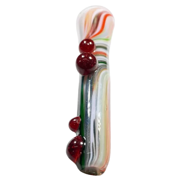 Colorful glass chillum with swirled design and red/green beads, made of clear glass and perfect for smoking.