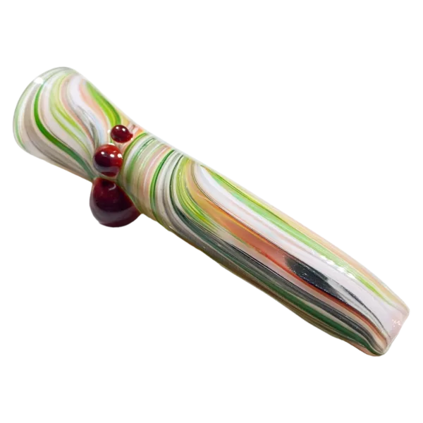 clear glass pipe with a colorful, swirled design made of red, green, and yellow. It has a small, round bowl and stem with a clear glass knob and hole. The pipe is shown on a white background.