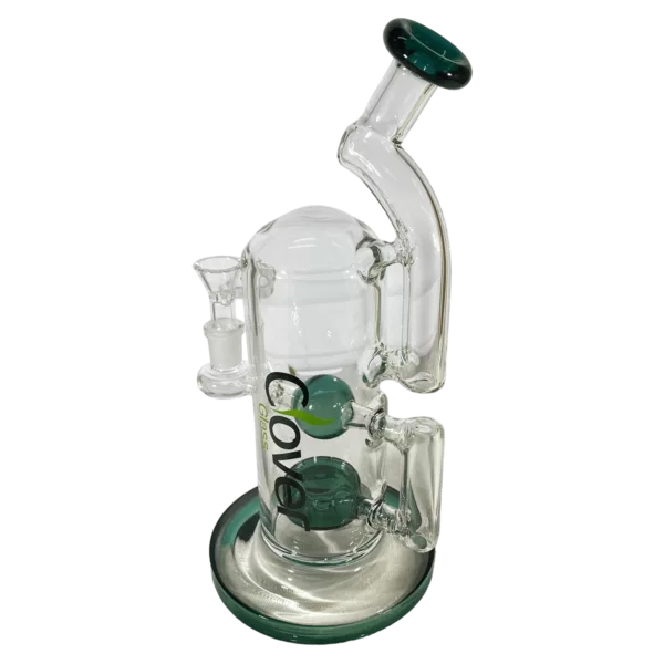 Glass pipe with spherical base, long neck, metal stem, and small bowl. Engraved logo on base. Clear glass.