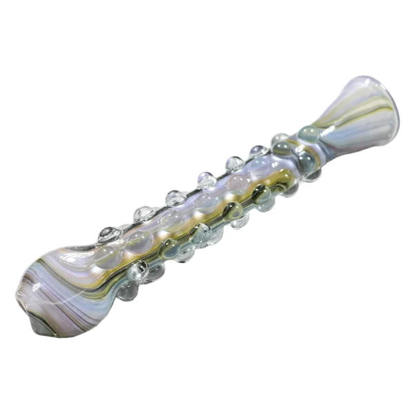 Elegant and modern glass pipe with clear, swirled design and small, round base and stem.