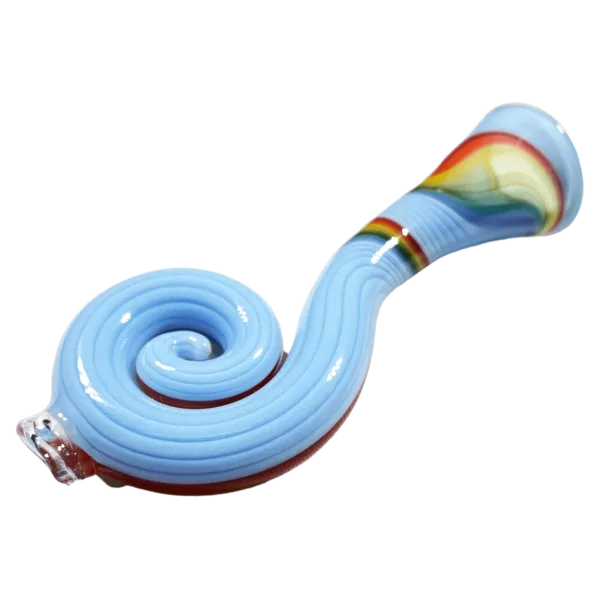 Blue glass pipe with spiral design in red, blue, and yellow. Unique and eye-catching, shaped like a tube with small opening. White background.