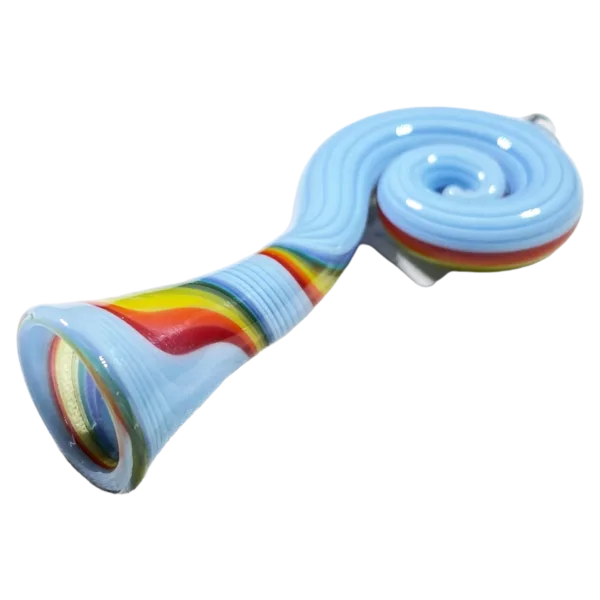 Blue glass pipe with rainbow swirl design and curved mouthpiece.