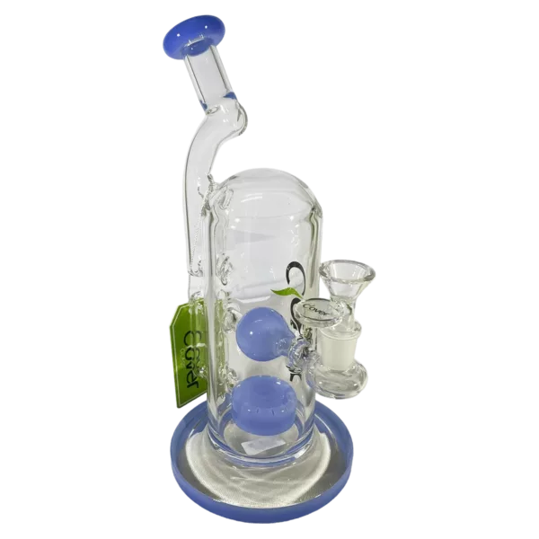 Clear blue glass water pipe with small and wide bowls, metal stand and ring base. Small hole at top bowl.
