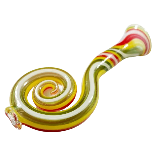 Spiral glass pipe with red, yellow, and green colors, round base, and small hole at end.