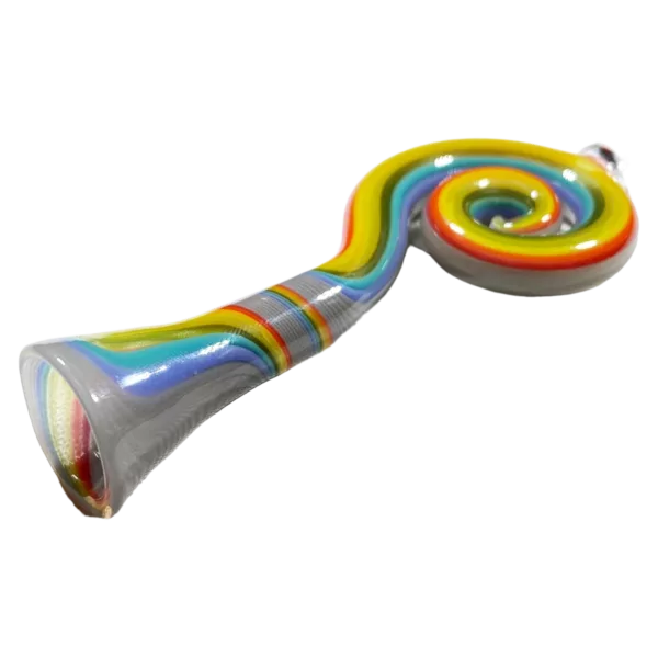 Rainbow colored plastic horn with clear plastic tip and white base. Curved design with rainbow stripe down length. Small hole in base. Jem Glass.