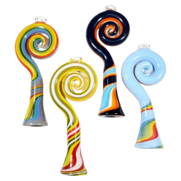 Handmade glass sculptures with swirling designs in bright colors. Arranged in a triangular formation, this whimsical piece is perfect for adding a pop of color to any space.